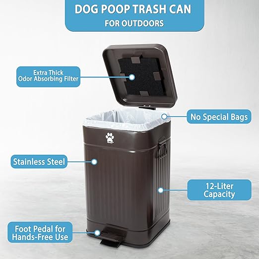 Dog Poop Trash Can Outside - Outdoor Dog Waste Trash Can with Lid - Odor Proof Waste Station Container for Backyard - 12L/3.2Gal (Mulch)