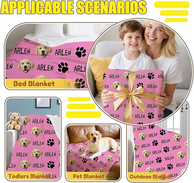 Personalized Paw Print Dog Blanket with Pet Name Face-Custom Puppy Blankets with Picture for Dogs-Customized Dog Memorial Throw Fleece Blanket-Loss of Pets Supplies Sympathy Gift for Bed Sofa Travel