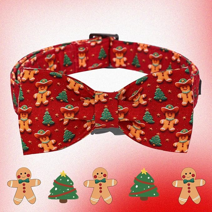 Christmas Dog Collar, Soft Pet Collar Gingerbread Man Cute Dog Collar with Bow Red Christmas Tree Adjustable Sturdy Collars Winter Holiday Collars for X-Large Girl Boy Dogs
