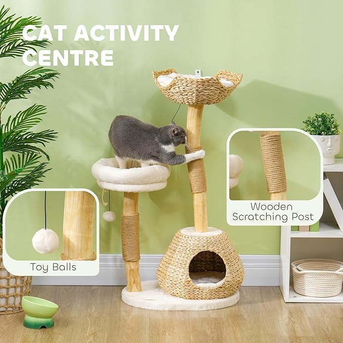 PawHut Cat Tree for Indoor Cats, 41" Wooden Kitten Tower with 2 Real Branch Scratching Posts, Luxury Condo, Beds & Toby Balls, Kitten Activity Center & Cat Furniture, Cream White