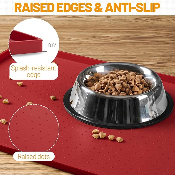 Hubulk Dog Feeding Mat,100% Waterproof Food Grade Silicone Pet Food and Water Bowl Placemat,Dishwasher, High Raised Edge to Prevent Spills,Nonslip Tray to Stop Messes on Floor (24"x16"x0.5", Red)