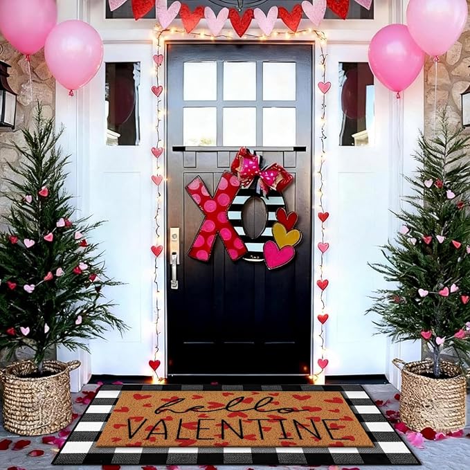 Tinideya 2 Pcs Valentine Door Mat Hello February 14th Welcome Non Slip Coir Mats Red Heart Black and White Plaid Floor Layering Doormats Seasonal for Front Porch Entryway Decor(Valentine)
