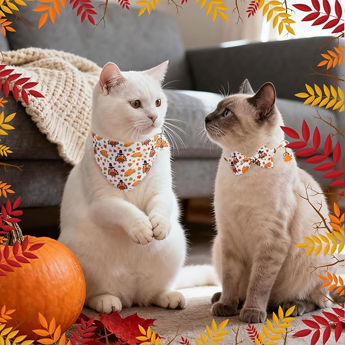 SCENEREAL Fall Thanksgiving Cat Bandana Collar with Bell Bowtie - 2 Pack Breakaway Kitten Collars, Adjustable Cute Pet Accessories for Cats and Small Dogs