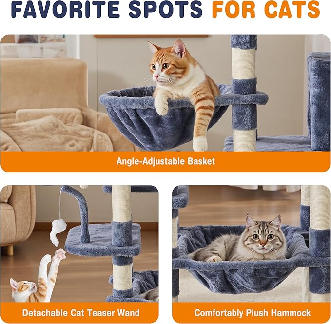 Large Cat Tree 71 Inch, Multi-Level Tall Cat Tree Tower with Condo, Perches, Sisal Scratching Posts and Hammock, Pet Play House with Dangling Balls for Indoor Cats, Dark Grey