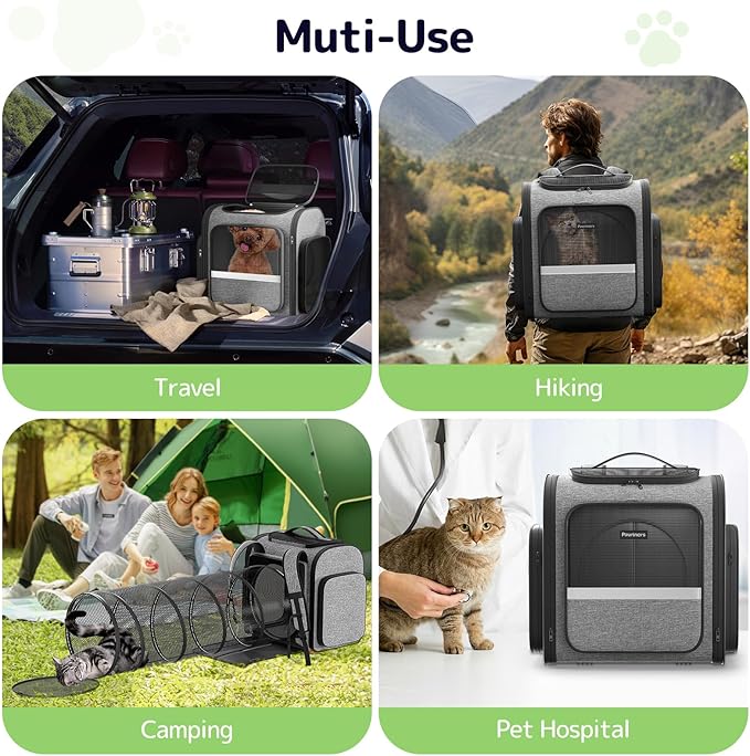 Cat Backpack with Detachable Play Tunnel, 2 in 1 Cat Tunnel Backpack Suitable for Carrying & Playing, Expandable Dog Backpack for Small Medium Kitten Puppy, Suitable for Travel Hiking Camping