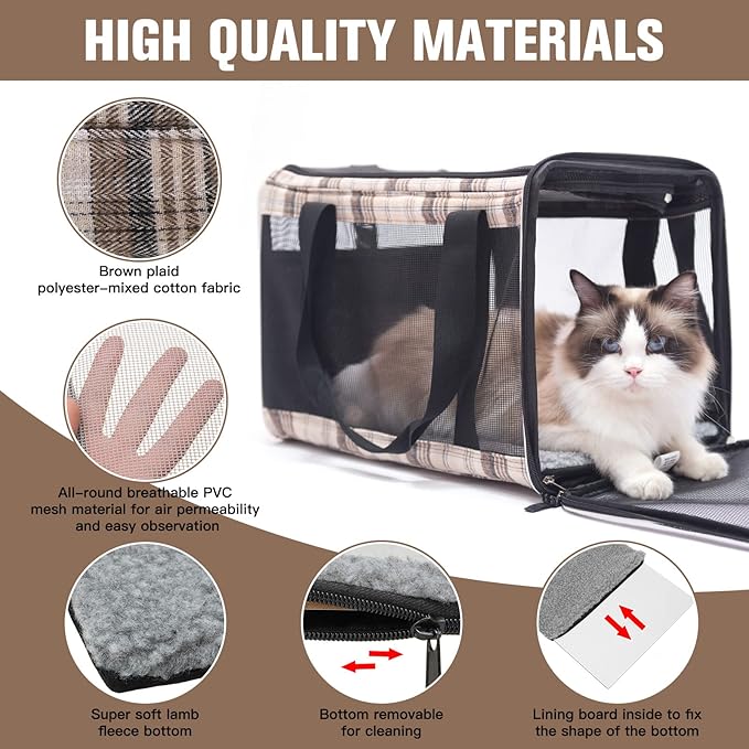 EXPAWLORER Large Cat Carrier Dog Carriers Soft for Small Medium Cats Puppies Up to 20lbs, Airline Approved Pet Carrier Soft-Sided Collapsible Pet Travel Carrier Fit 2 Kitties (Brown)