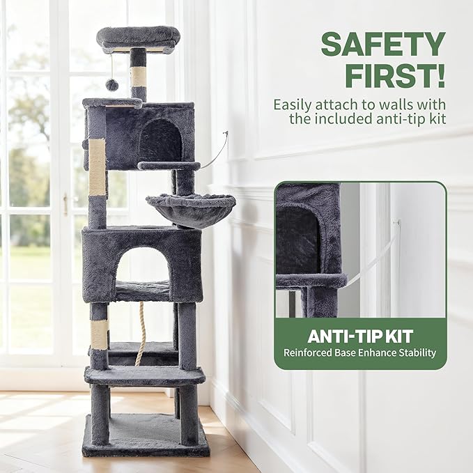 Cat Tree for Indoor Cats, 66 Inches Cat Tower with Scratching Post, Multi-Level Climbing Tree Cat House Padded Plush Perch, Cat Condo Activity Center with Pompoms, Kittens Pet Play House, Dark Gray