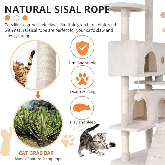 70 Inch Beige Cat Tree, Tall Cat Tower with 2 Condos, 3 Scratching Posts, Multi-Level Platforms - Sturdy Climbing Structure Tall Cat Tower for Indoor Cats