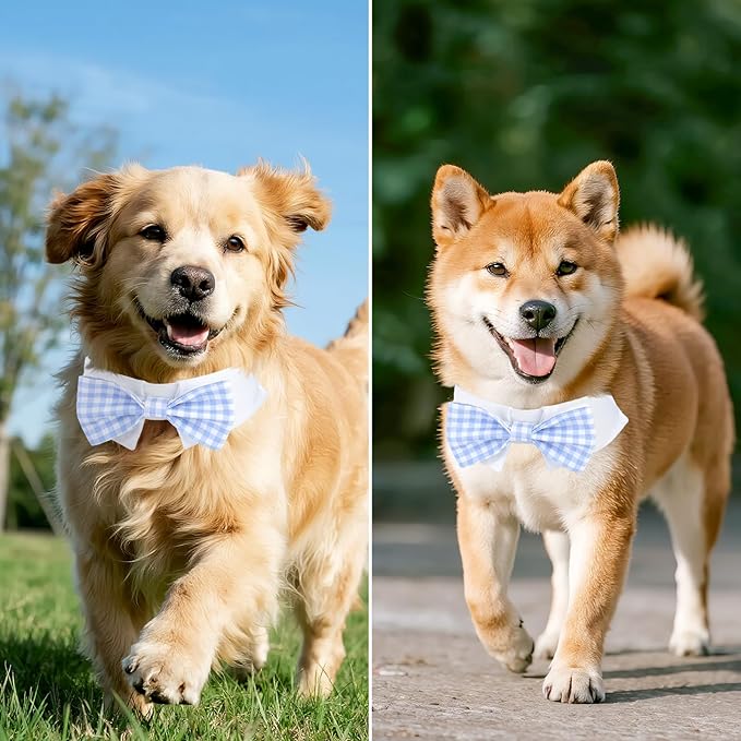 Segarty Dog Bow Tie for Neck Girth 10.2-12.6in, Adjustable Light Blue Plaid Bowtie Collar, Medium Pet Necktie Tuxedo Comfortable Cotton Boy Pets Grooming Accessories for Wedding Holiday Birthday Party