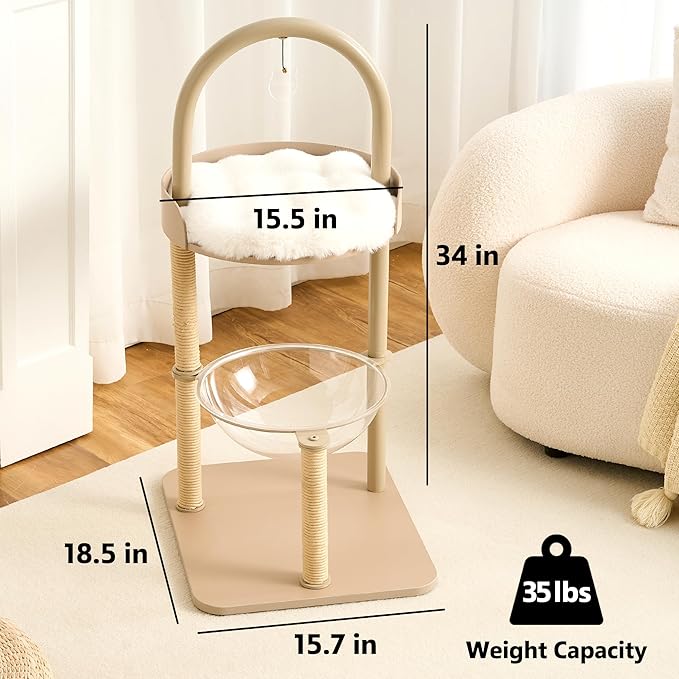 Modern Cat Tree Tower for Indoor Cats up to 12lbs, 34" H Furniture-Style Metal Cat Tower with Scratching Posts, Wood Cat Bed with Soft Plush Cushion Washable, Acrylic Capsule, Cream Beige