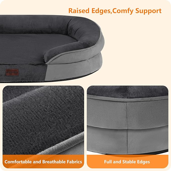 Dwanton Orthopedic Dog Bed for Medium Dogs with Gel Memory Foam, Waterproof Dog Sofa, Washable Pet Bed with Four Sided Bolster Cushion, Removable Cover & Non-Slip Bottom, 35", Dark Gray
