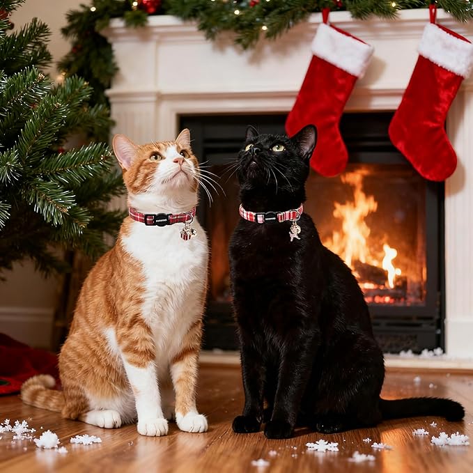 2 Pack Christmas Plaid Cat Collars Breakaway with Bell, DOGWONG Safety Buckle Red Plaid Cute Cat Collar for Girl Boy Cats，Adjustable 7-12 Inch