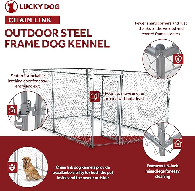 Lucky Dog Heavy Duty Outdoor Galvanized Chain Link Dog Kennel Enclosure with Latching Door, 1.5 Inch Raised Legs, and Adjustable Configuration, Silver