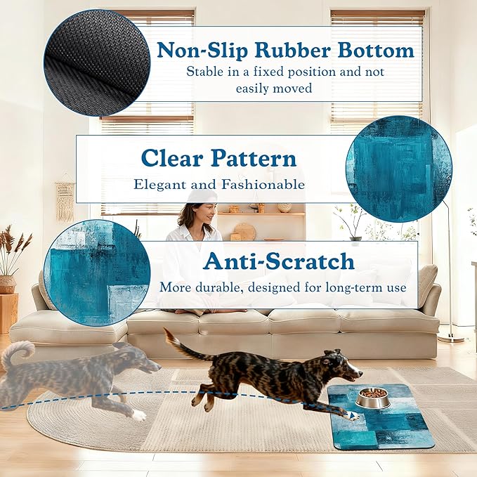 Blue Teal Dog Cat Food Mat–Christmas Stocking Absorbent Waterproof Placemat for Food and Water Bowls, Non Slip Rubber Backing, Feeding Mat for Clean Floors 12"x20"