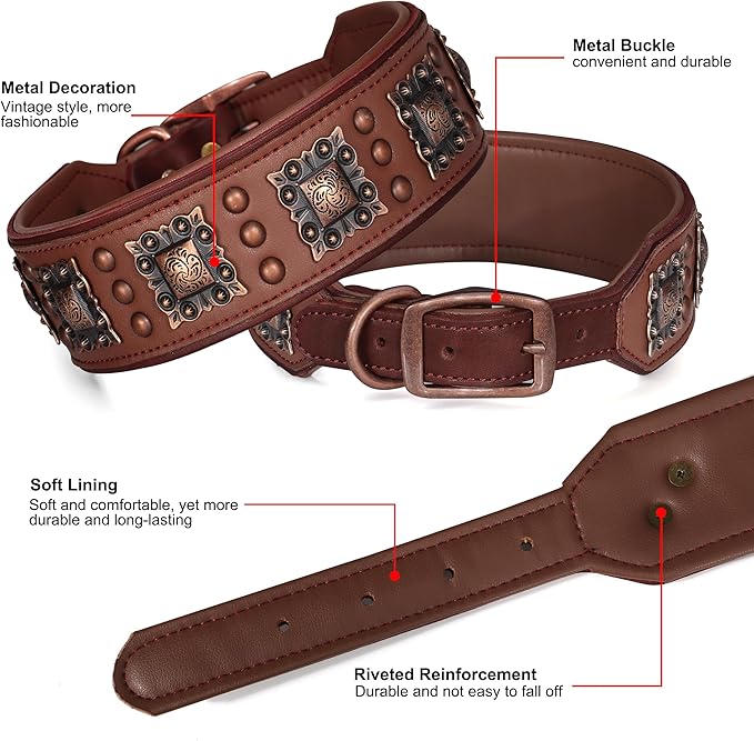 PET ARTIST Upgrade Padded Leather Dog Collar, 2 inch Wide Genuine Leather Dog Collars with Strong Studded Rivet & Metal Buckle, Adjustable Large Dog Collar for Pit Bull Doberman,Brown,Neck 19-22"
