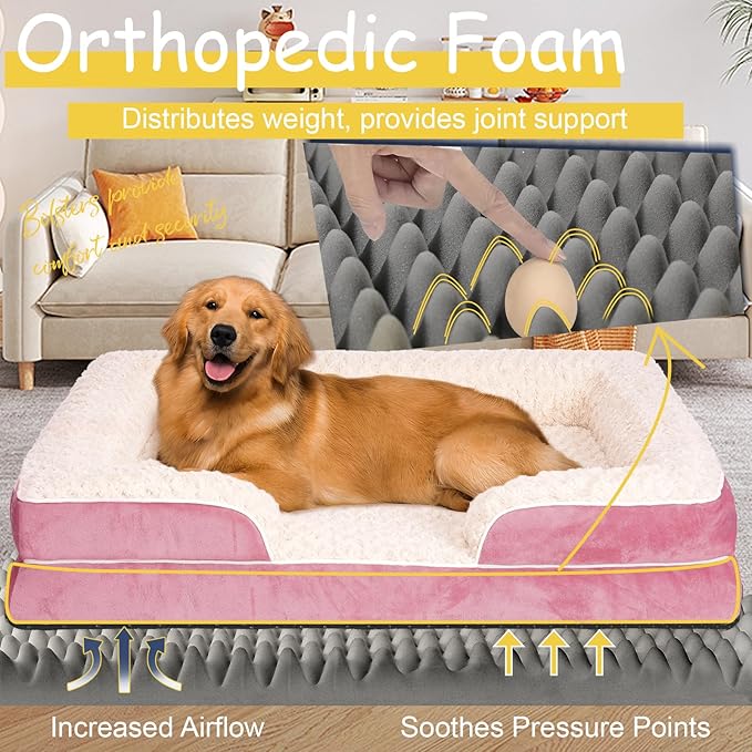 Orthopedic Dog Bed for Large Medium Sized, Washable Memory Foam Large Dog Bed, Durable Medium Pet Sofa with Removable Cover, Washable Waterproof Pet Couch Beds(Pink, XL)