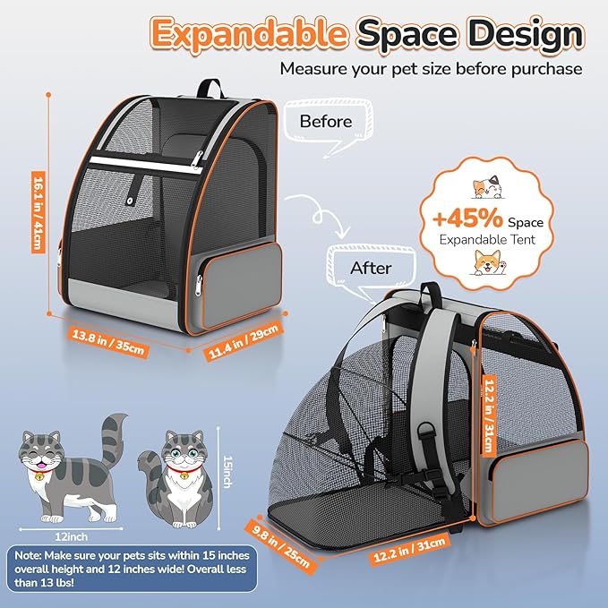 Cat Backpack Carrier Expandable for Outdoor - Foldable Cat Backpack with Breathable Mesh for Small Dog Puppy Kitten Up to 15 lbs - Soft-Sided Pet Carrier for Travel Hiking Camping (Gray)