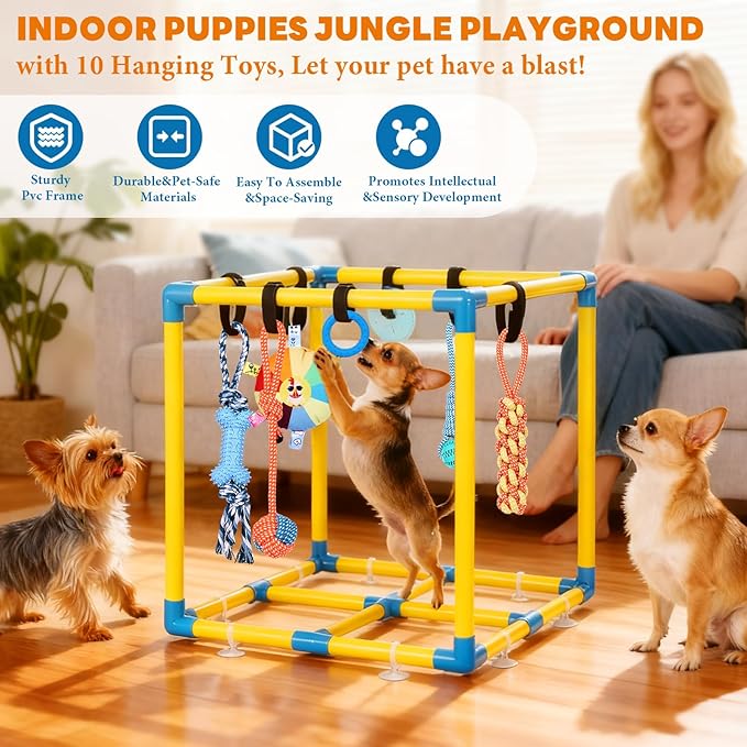 Puppy Play Gym for Small Dogs with 10 Hanging Toys, Removable Indoor Jungle Gym, PVC Frame with Adjustable Bungee Straps, Interactive Dog Toys Tug Toys for Dogs Rope Toy to Keep Them Busy