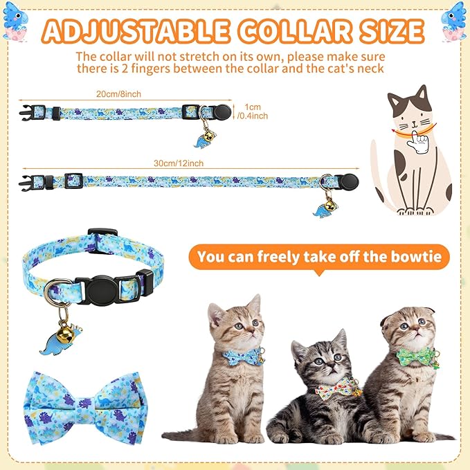 3 PCS Cat Collars with Bow Tie and Bell, Cat Collars Dinosaurs Pattern Breakaway Adjustable Cat Bow Tie Collars, Cute Bow Tie Suitable for Kittens Or Certain Puppies