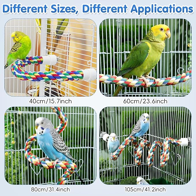 iplusmile Bird Rope Perch Swing & Climbing Toy - 40-Inch Extra Long Soft Spiral Colorful Cotton Rope for Parrots Cockatiels Parakeets Budgie Cage Accessories
