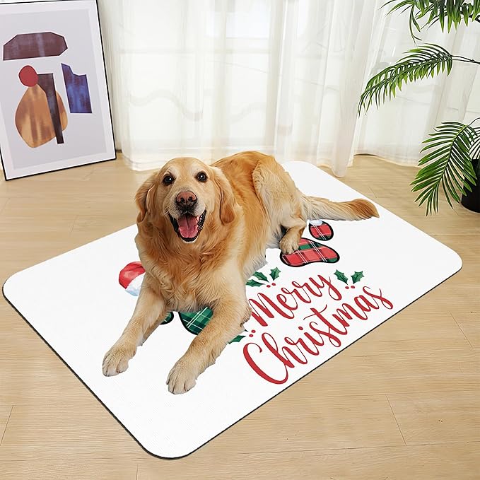 Dog Christmas Dog Food Mat–Christmas Stocking Absorbent Quick Dry Feeding Placemat for Food and Water Bowls, Non Slip Rubber Backing, Waterproof Pet Supplies for Mess-Free Eating 16"x24"