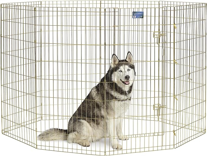 MidWest Homes for Pets Folding Metal Dog Exercise Pen, Indoor/Outdoor Playpen with Door, 16 Sq Feet of Play Space, 48-Inches Tall, Gold Zinc