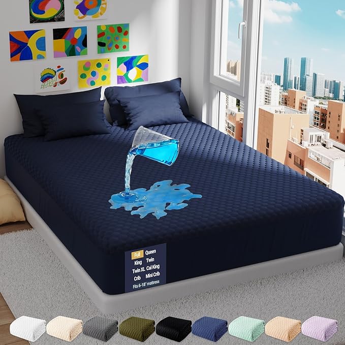OhGeni 100% Waterproof Mattress Protector, Full-Navy Blue Size Mattress Pad, Fits 6"-20" Mattresses with Deep Pocket, Cooling, Breathable Fitted Sheets, Soft Bed Cover, Noiseless, Machine Washable