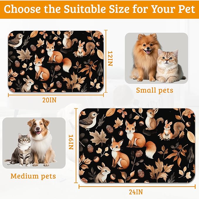 Cute Squirrel Dog Cat Food Mat,Bird Fox Absorbent Waterproof Placemat for Food and Water Non Slip Rubber Backing Durable Feeding Pad for Clean Floors 16" x 24"