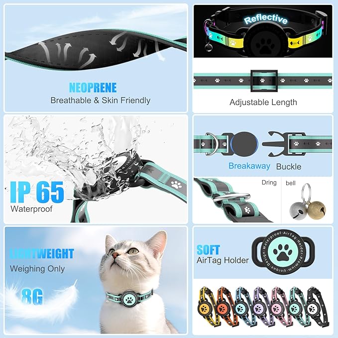 Airtag Cat Collar Breakaway, Reflective Cat Collar with AirTag Holder and Bell, Compatible with Apple Air Tag, Comfortable Padding, Adjustable, Durable (Turquoise, XS)
