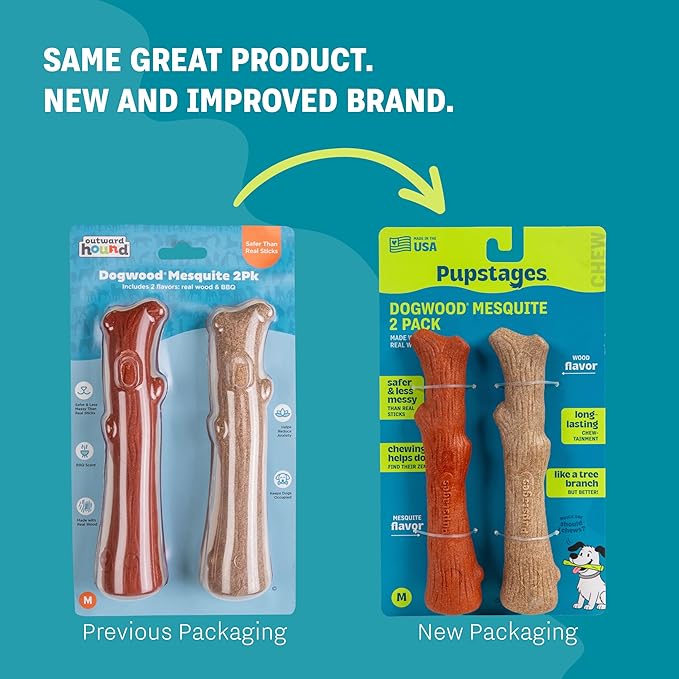 Outward Hound Pupstages Dogwood Mesquite Dog Chew Toy – Real-Wood Blend, Moderate Chewers, Medium, 7.5", 2-Pack (Natural & Mesquite Flavors)