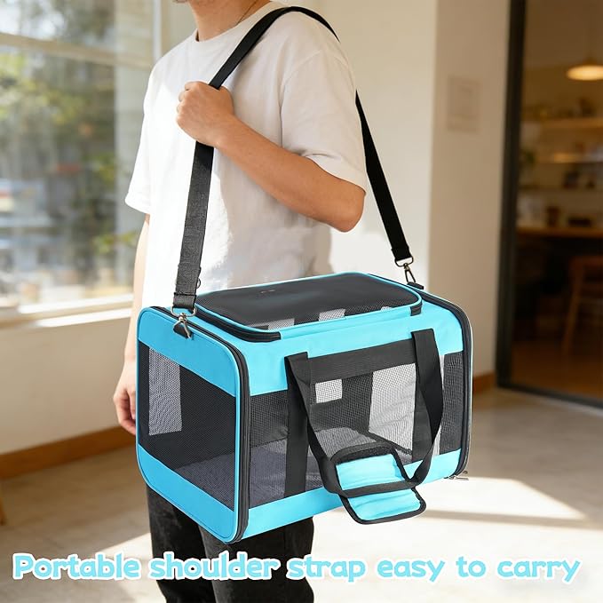 YUNIQUE Soft-Sided Cat & Dog Carrier for Pets Up to 15 Lbs, Airline Approved Collapsible Travel Puppy Carrier with Lightweight Fabric Design (Blue)