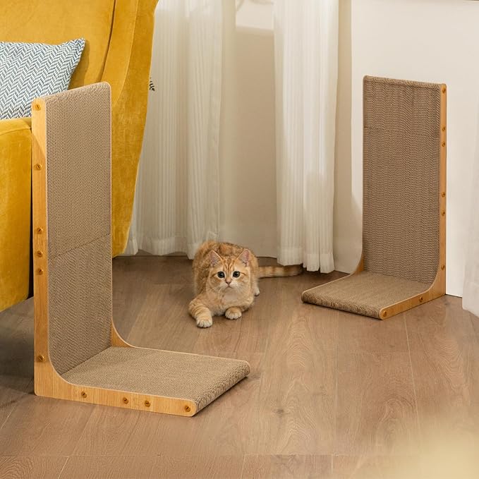 Cardboard Cat Scratcher,23 Inch L Shape Scratch Pad Wall Mounted,Vertical Scratching Board, Durable Cardboard to Protect Furniture for Indoor Cats,Wood Grain Large