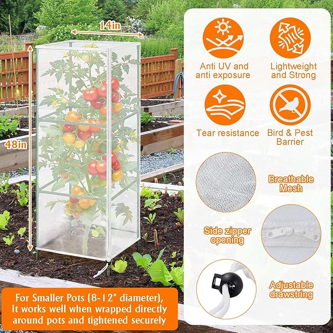 3 Pack Garden Netting Cover for Square Tomato Cage, 48"x14"Bird Netting Barrier with Zipper Drawstring Tomato Trellis Net Mesh Climbing Plant Cover for Protecting Vegetable Fruits from Animals Insect