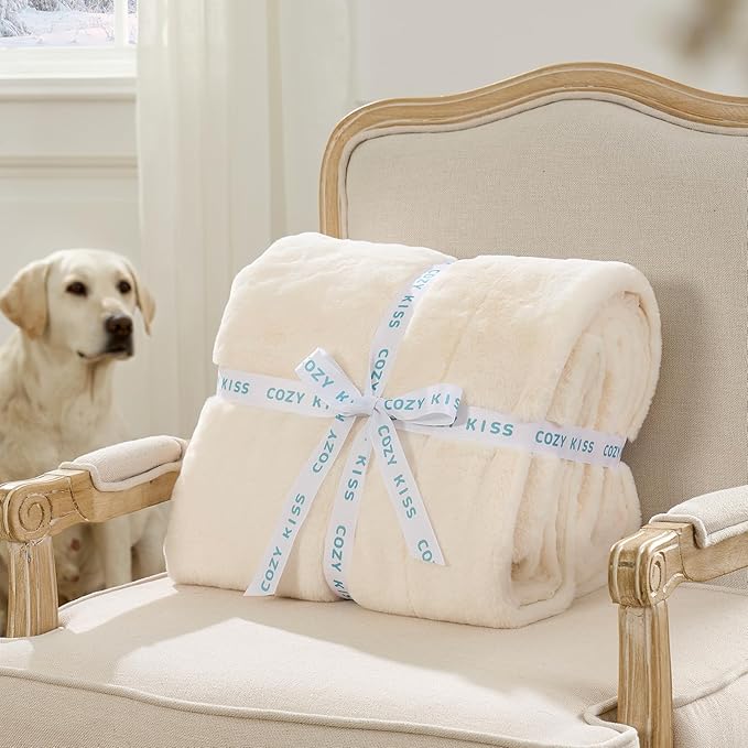 Luxury Faux Fur Throw Blanket Twin, Ultra Soft Waterproof Pet Blanket, Cozy Warm Plush Blanket for Bed Sofa Bedroom Living Room, Liquid Pee Proof for Large Dog or Cat, 60x80 inch, Cream