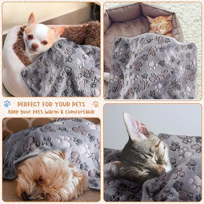 Tatuo 4 Pcs Dog Blanket for Pet Cat Blankets Indoor Puppy Teething Stuff Toys Paw Print Fleece Soft Blanket Sleep Mat for Guinea Pig Cage(Gray,X-Large(41 x 30 Inch),Square)