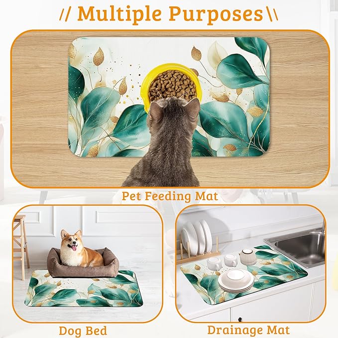 Green Plam Dog Cat Food Mat,Tropical Leaves Absorbent Waterproof Placemat for Food and Water Non Slip Rubber Backing Durable Feeding Pad for Clean Floors 16" x 24"