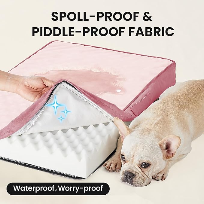 OhGeni Orthopedic Waterproof Dog Bed for Medium Dogs, Machine-Washable Removable Cover in Easy-Clean Fabric, High Density Foam & Easy-Carry Handle, Suitable for Crate, 30 inch (Pink)