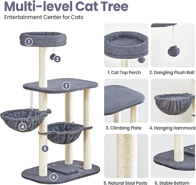 Small Cat Tree Tower with Lots of Scratching Posts - 42 Inch Medium Compact Cats Scratch House with Hammock Perch for Multi Level 2 Kitty - Indoor Corner Cat Bed Condo Climbing Gym Towers Furniture