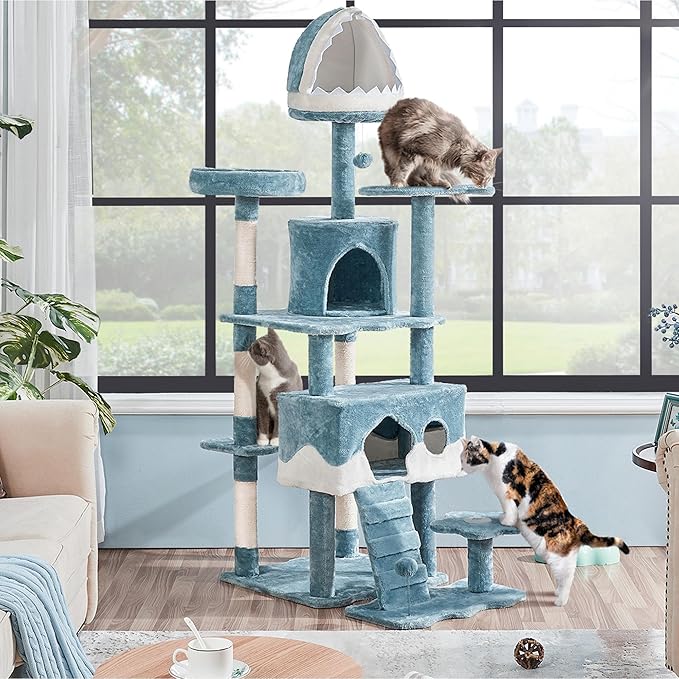 Yaheetech Cat Tree, 72.5inch Ocean-Themed Cat Tower, Multi-Level Large Cat Tree for Indoor Cats with Shark's Mouth Bed & 2 Big Condos & 2 Wide Perches & Funny Toys, Blue & White