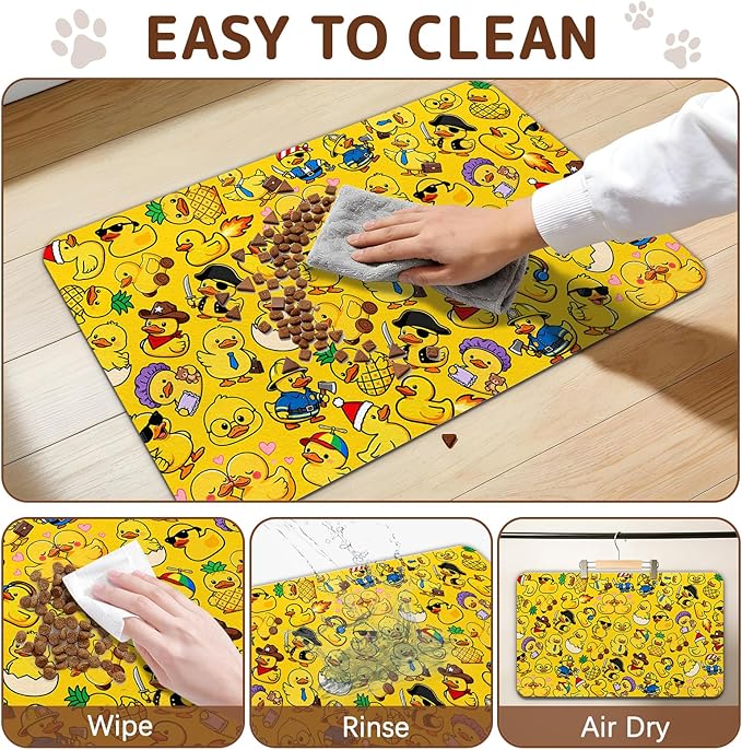 Dog Food Mat for Bowls, Absorbent Quick Dry Dog Cat Mats for Food and Water, Non-Slip Backing Pet Mat Pet Supplies - Duck Pattern