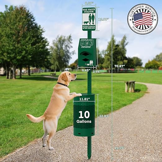 Dog Poop Trash Can Outside for HOA Communities, Durable Rust Proof Aluminum Dog Waste Station – 10 Gallon Outdoor Trash Can with Lid & Reflective Sign for Yard, Dog Park