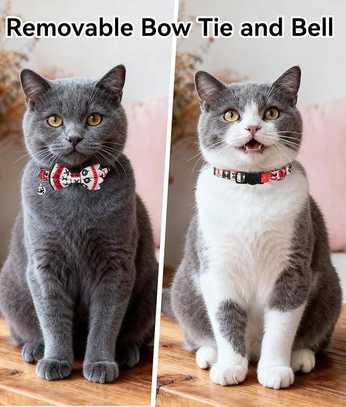 Joytale Upgraded Christmas Cat Collar with Bells, Breakaway Cat Collars with Bow Tie, 1 Pack Girl Boy Safety Plaid Kitten Collars, Christmas