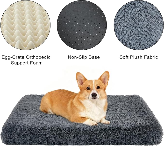 Fluffy Orthopedic Dog Beds for Large Dogs with Washable Removable Cover Dog Crate Bed Egg Crate Foam Support Plush Pet Pad Mat with Anti-Slip Bottom (42 * 28,Dark Grey)