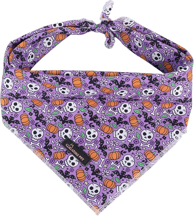 ARING PET Halloween Dog Bandanas, Cotton Purple Pumpkin Ghost Bat Floral Pet Bandanas Cute Triangle Bibs Scarf for Small Medium Large Boy Girl Dogs and Cats-L