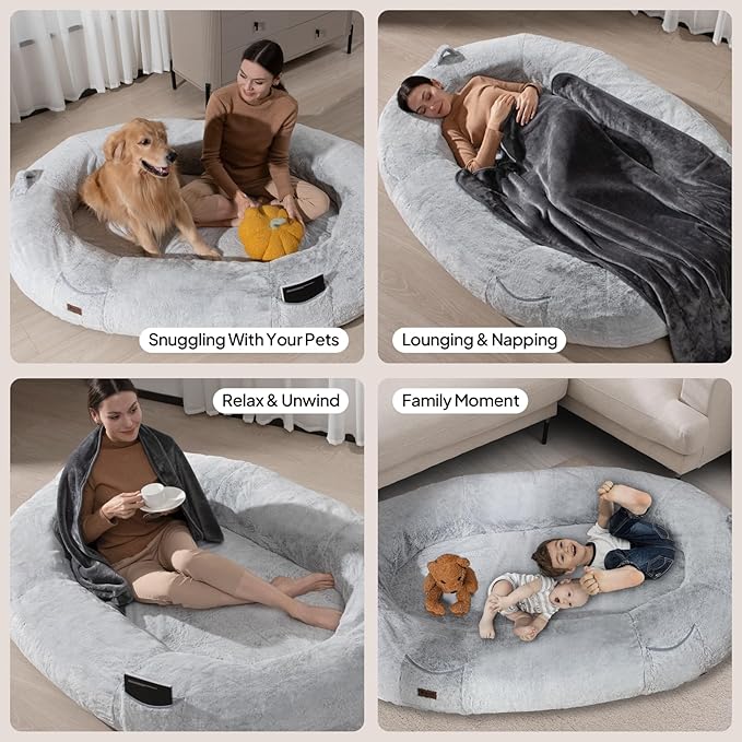 Giant Human Sized Dog Bed for Adults and Pets, 74"x50"x12" Pressure Relieving Memory Foam for Ultimate Comfort, Waterproof & Machine Washable Cover, Family Bedroom Lounger, Grey White