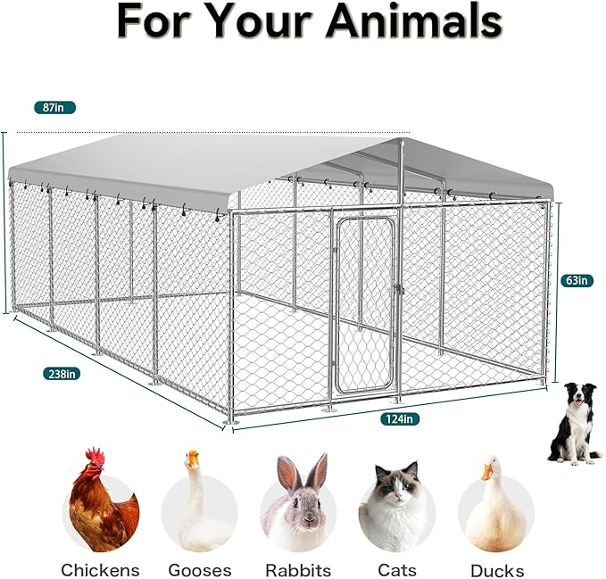 20'x10' Large Outdoor Dog Kennel Outside– Heavy-Duty Dog Enclosure with Wire Mesh Fence, Lock & Waterproof Cover for Large Dogs (240x120IN)