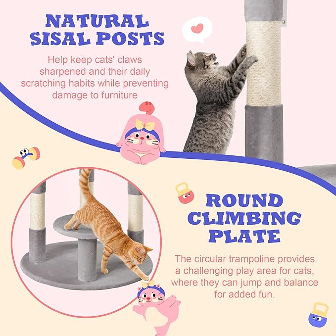 Allewie 55.5 in Cat Tree for Indoor Kitties/Soft Plush Perches/Multi-Level Cat Tower/Sisal Scratching Posts/Crescent Plates/Round Jumping Board/Hanging Ball/Pet Activity Center/Grey