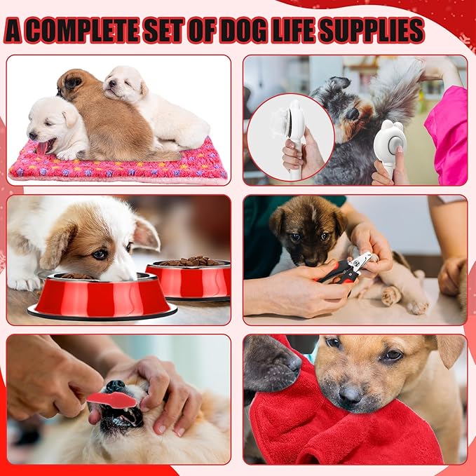 Abbylike 50 Pcs Puppy Supplies Starter Kit for Small Dogs Puppy Essentials Includes Leash, Bowls, Teeth Brushes, Water Bottle, and More Accessories for Dogs Pet Day Welcome Gift(Red)