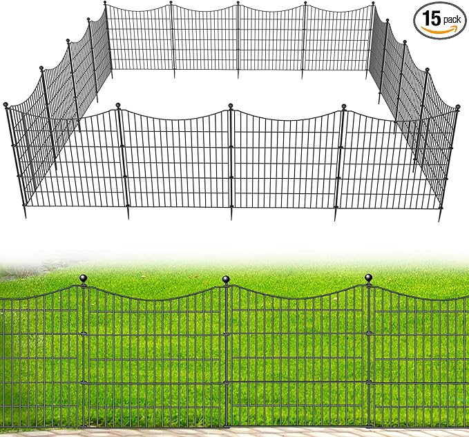 15 Panels No Dig Dog Fence Outdoor for Yard, 32 in(H) X 35.4 ft(L) Decorative Tall Garden Fence Animal Barrier, Rustproof Metal Wire Garden Edging and Borders, Temporary Fencing Stakes