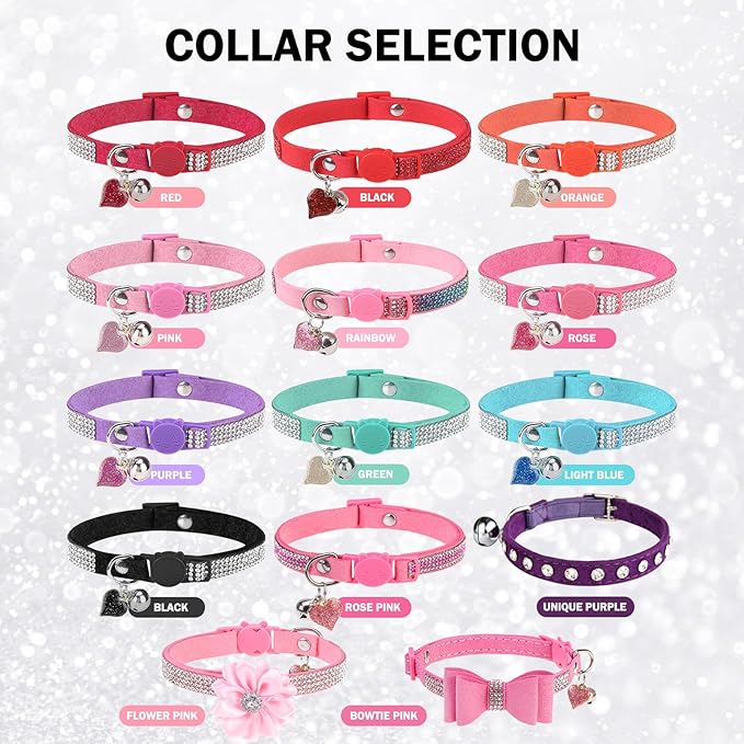 Rhinestone Cat Collar Breakaway with Bell, Diamond Cat Collar with Safety Buckle Quick Release for Girl Boy Small Kitten Pets Puppy,Cute Soft Cat Collars, Color Flower Pink 8-12"
